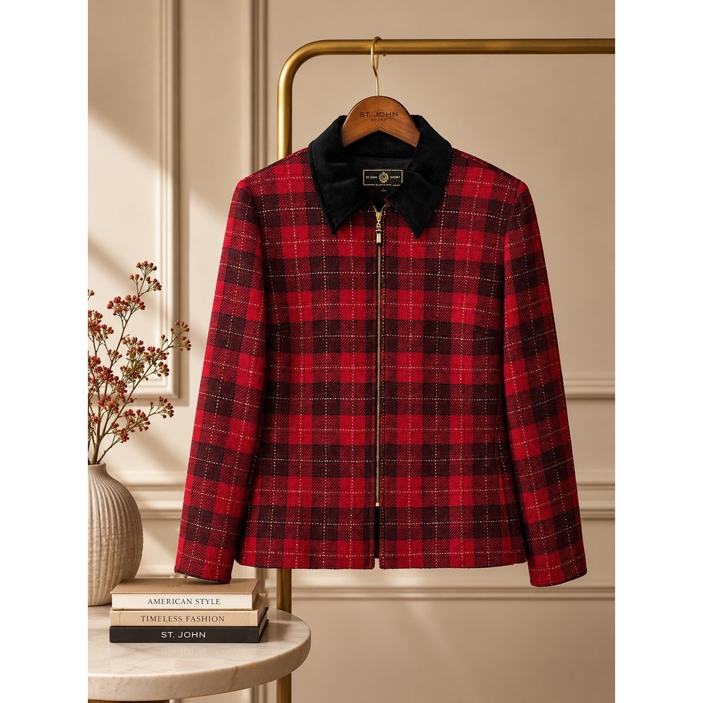 St John Sport Marie Gray Red Plaid Wool Metallic Zip Jacket Velvet Collar L